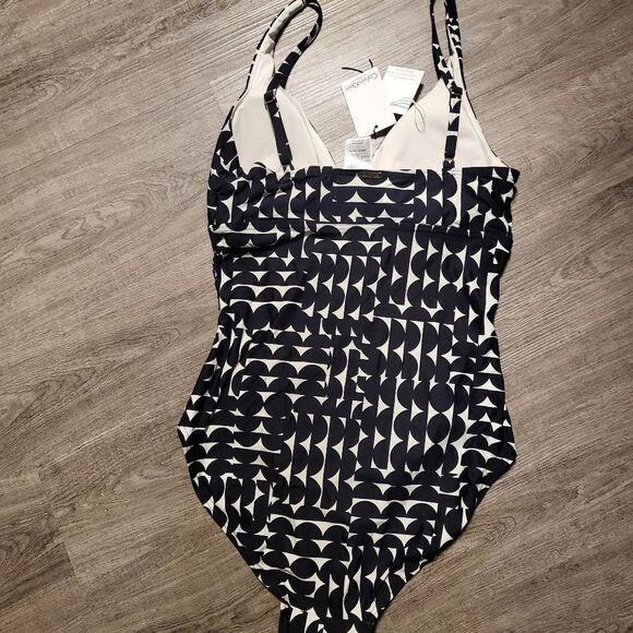Calvin Klein Printed Plunge Swimsuit-BLACK WHITE-6 - Picture 3 of 6